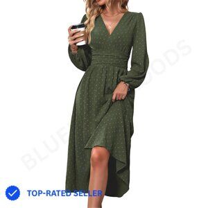 Swiss Dot Maxi Dress V Neck Lantern Sleeve A-Line Flowy Elegant Casual